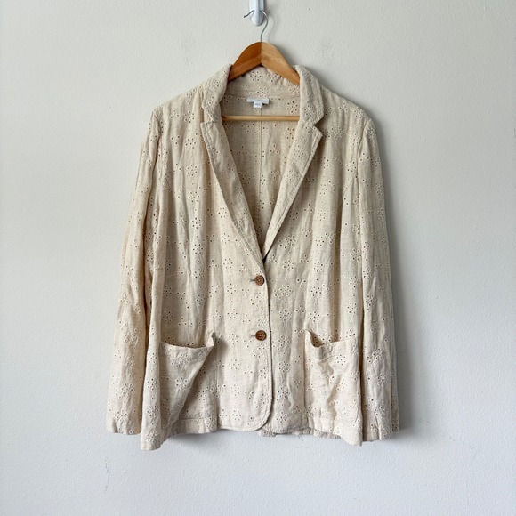 J. Jill Jackets & Blazers - J. Jill Large Linen Blend Eyelet Floral Blazer Jacket Beige Tan Cottagecore